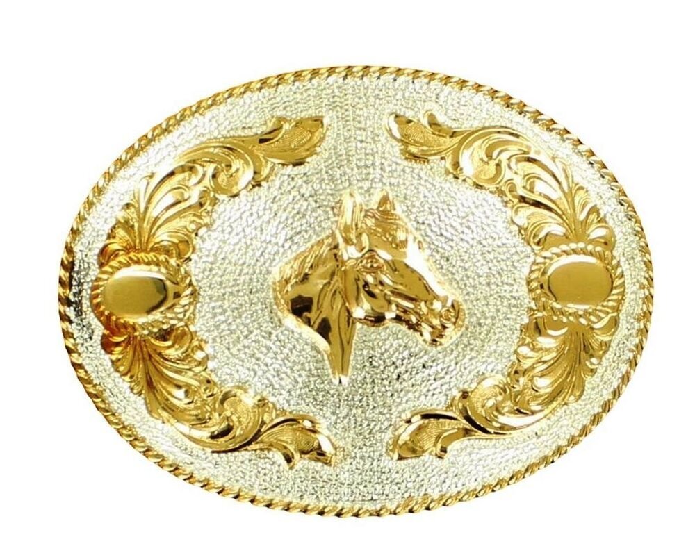 1537 Crumine Horsehead Floral Buckle - Silver Gold Plated - 3 X 4.25